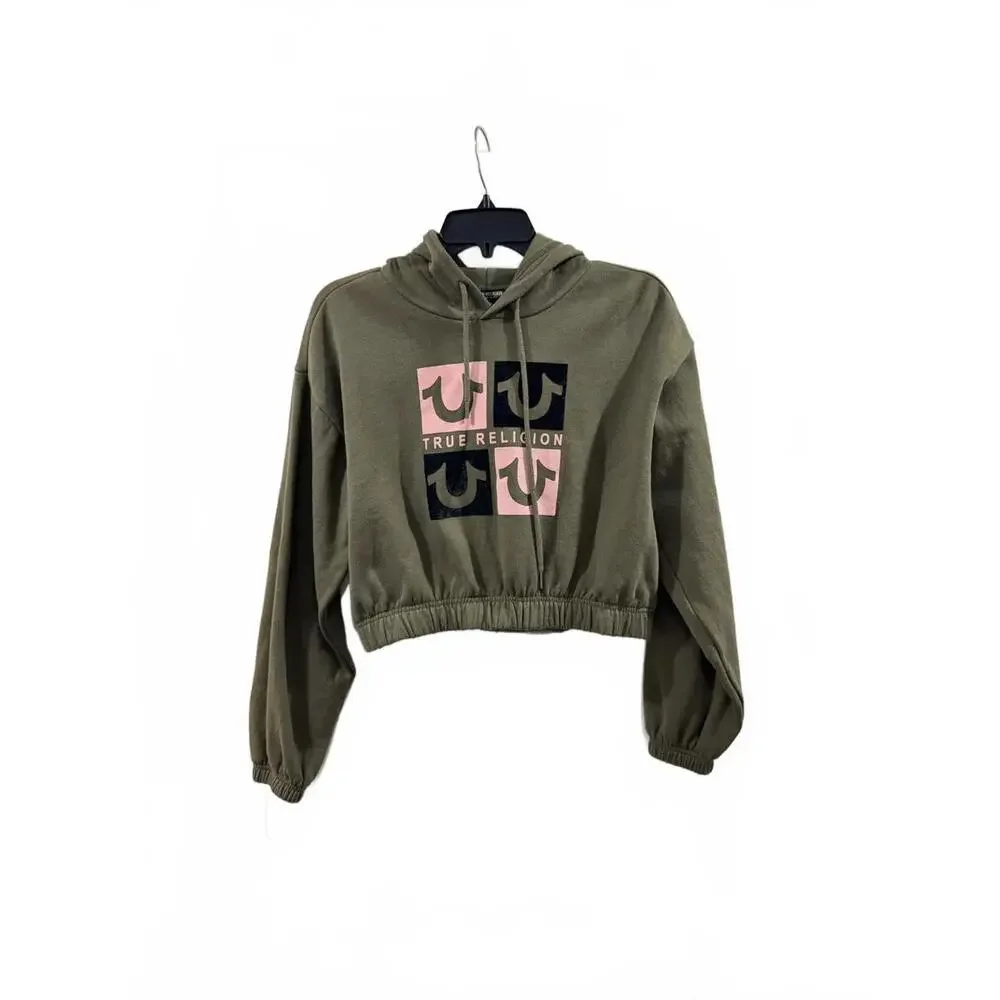 True Religion Army Green And Pink Logo Cropped Hoodie Sweatshirt- Size Small - Picture 1 of 9